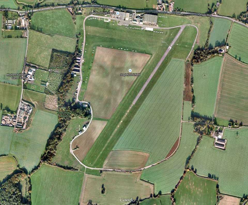 Overhead view of Stapleford Airfield and Stapleford Flight Centre's facilities